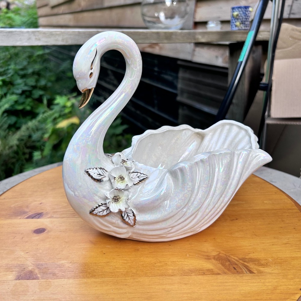 Vintage Swan Planter Large Pearl Iridescent Lusterware Ceramic Norcrest Japan